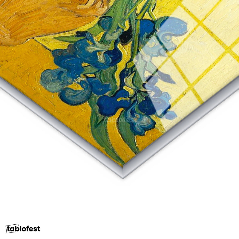 Gümüş Renk Metal Çerçeveli Tamperli Cam Tablo Vincent van Gogh Mavi İrisler Sarı Fonlu Vazo Ressam Tablosu Dekoru