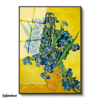 Siyah Renk Metal Çerçeveli Tamperli Cam Tablo Vincent van Gogh Mavi İrisler Sarı Fonlu Vazo Ressam Tablosu Dekoru