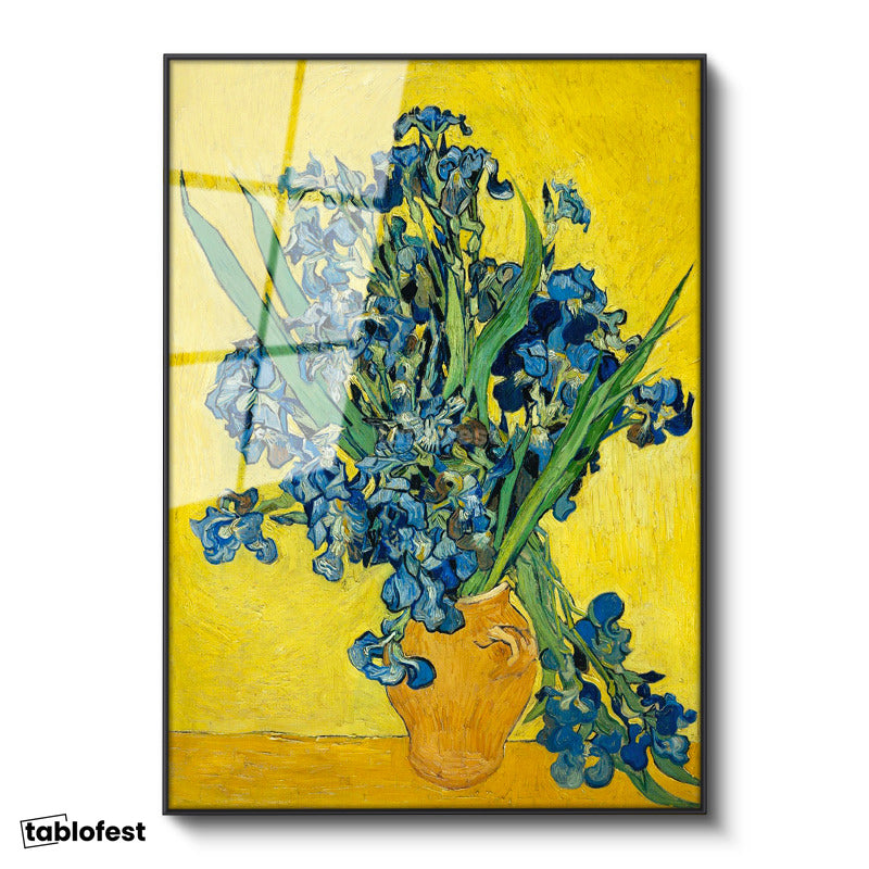 Siyah Renk Metal Çerçeveli Tamperli Cam Tablo Vincent van Gogh Mavi İrisler Sarı Fonlu Vazo Ressam Tablosu Dekoru