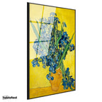 Siyah Renk Metal Çerçeveli Tamperli Cam Tablo Vincent van Gogh Mavi İrisler Sarı Fonlu Vazo Ressam Tablosu Dekoru