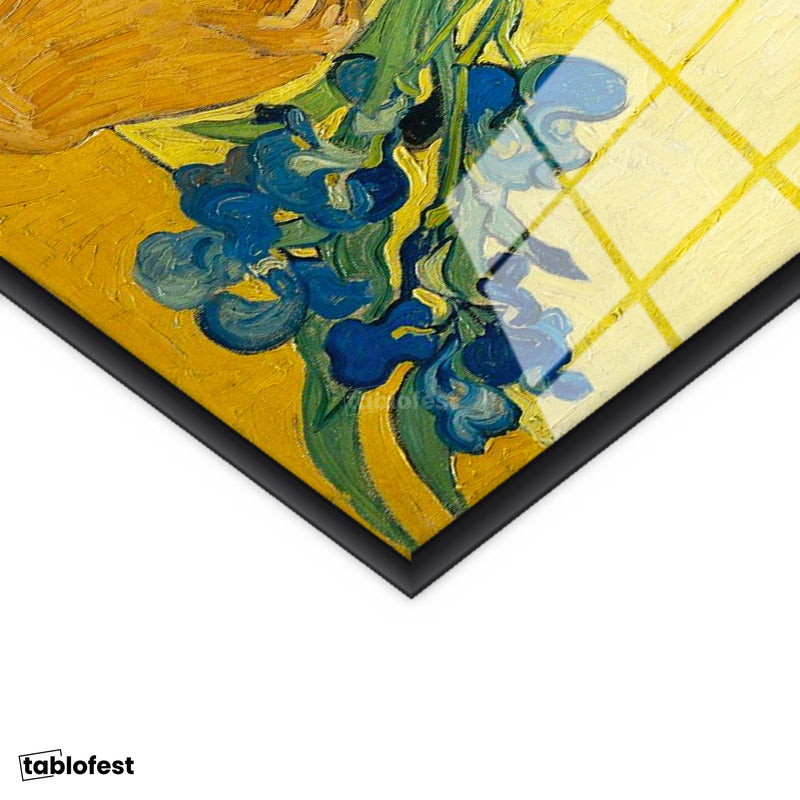 Siyah Renk Metal Çerçeveli Tamperli Cam Tablo Vincent van Gogh Mavi İrisler Sarı Fonlu Vazo Ressam Tablosu Dekoru