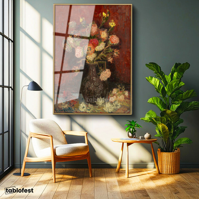 Altın Renk Metal Çerçeveli Tamperli Cam Tablo Vincent van Gogh Vazoda Pembe Kırmızı Çiçek Ressam Tablosu Duvar Dekoru