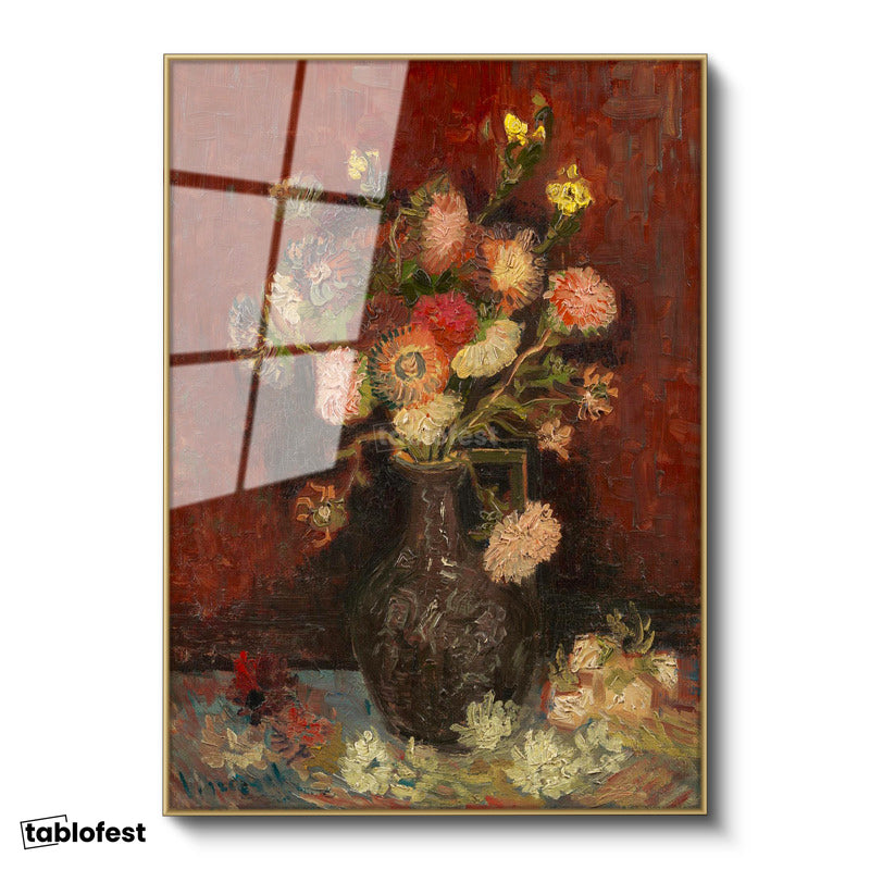 Altın Renk Metal Çerçeveli Tamperli Cam Tablo Vincent van Gogh Vazoda Pembe Kırmızı Çiçek Ressam Tablosu Duvar Dekoru