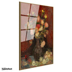 Altın Renk Metal Çerçeveli Tamperli Cam Tablo Vincent van Gogh Vazoda Pembe Kırmızı Çiçek Ressam Tablosu Duvar Dekoru
