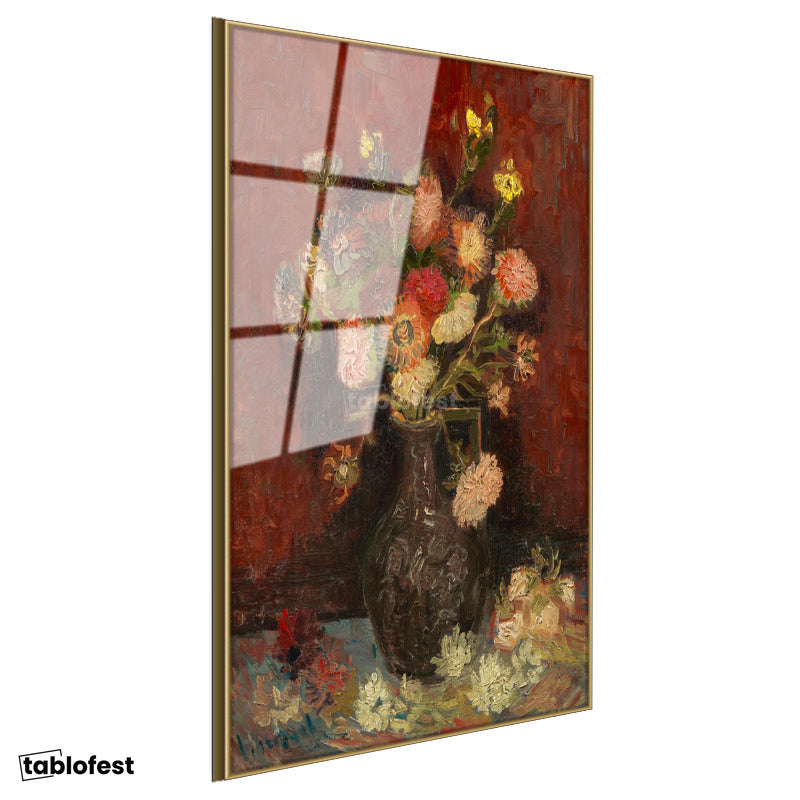 Altın Renk Metal Çerçeveli Tamperli Cam Tablo Vincent van Gogh Vazoda Pembe Kırmızı Çiçek Ressam Tablosu Duvar Dekoru