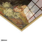 Altın Renk Metal Çerçeveli Tamperli Cam Tablo Vincent van Gogh Vazoda Pembe Kırmızı Çiçek Ressam Tablosu Duvar Dekoru