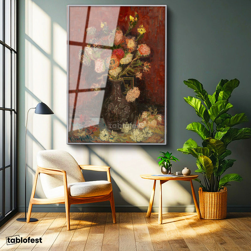 Gümüş Renk Metal Çerçeveli Tamperli Cam Tablo Vincent van Gogh Vazoda Pembe Kırmızı Çiçek Ressam Tablosu Duvar Dekoru