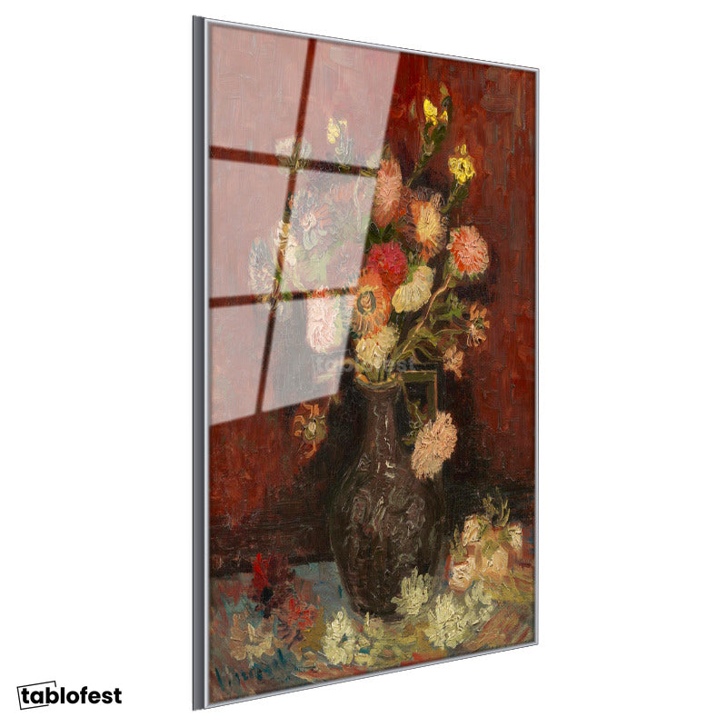 Gümüş Renk Metal Çerçeveli Tamperli Cam Tablo Vincent van Gogh Vazoda Pembe Kırmızı Çiçek Ressam Tablosu Duvar Dekoru