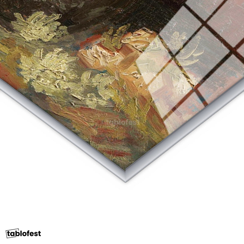 Gümüş Renk Metal Çerçeveli Tamperli Cam Tablo Vincent van Gogh Vazoda Pembe Kırmızı Çiçek Ressam Tablosu Duvar Dekoru