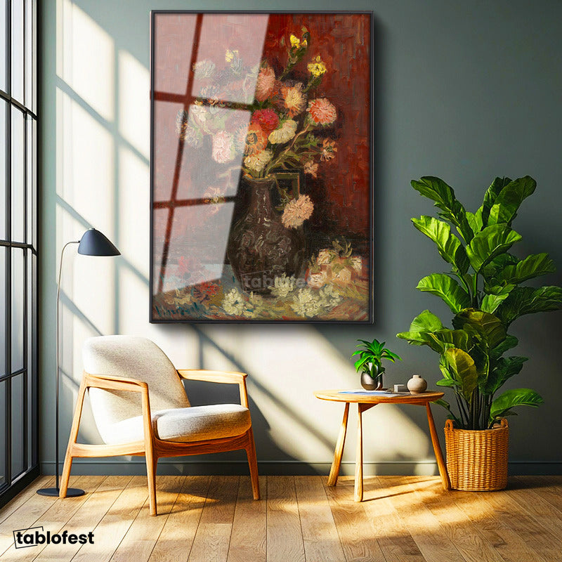 Siyah Renk Metal Çerçeveli Tamperli Cam Tablo Vincent van Gogh Vazoda Pembe Kırmızı Çiçek Ressam Tablosu Duvar Dekoru