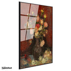 Siyah Renk Metal Çerçeveli Tamperli Cam Tablo Vincent van Gogh Vazoda Pembe Kırmızı Çiçek Ressam Tablosu Duvar Dekoru