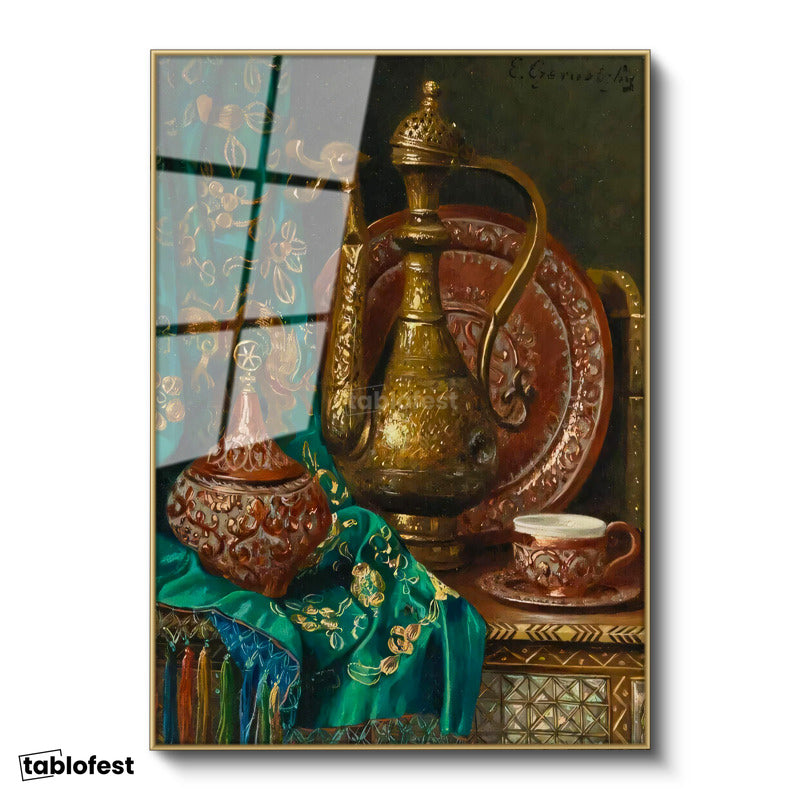 Altın Renk Metal Çerçeveli Tamperli Cam Tablo Bakır İbrik Ve Kase Oryantalist Ressam Tablosu Duvar Dekoru