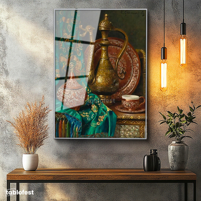 Gümüş Renk Metal Çerçeveli Tamperli Cam Tablo Bakır İbrik Ve Kase Oryantalist Ressam Tablosu Duvar Dekoru