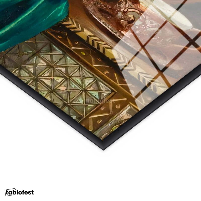 Siyah Renk Metal Çerçeveli Tamperli Cam Tablo Bakır İbrik Ve Kase Oryantalist Ressam Tablosu Duvar Dekoru