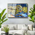 Altın Renk Metal Çerçeveli Tamperli Cam Tablo Vincent van Gogh Kurumuş Ayçiçekleri Mavi Zemin Ressam Tablosu Dekoru