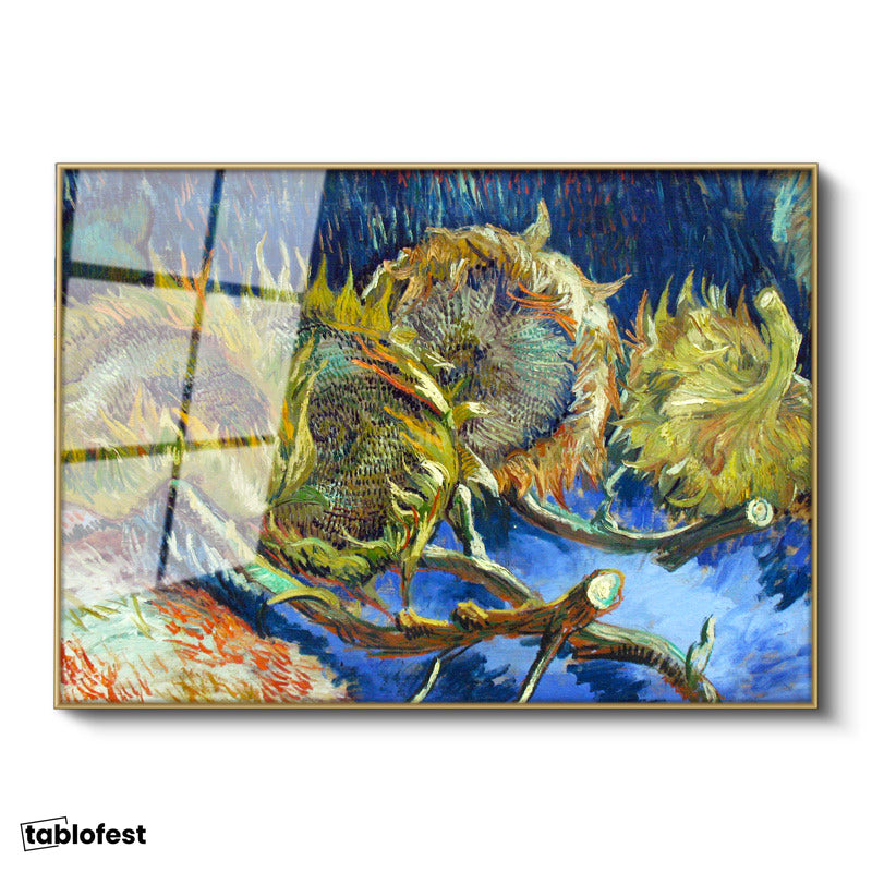 Altın Renk Metal Çerçeveli Tamperli Cam Tablo Vincent van Gogh Kurumuş Ayçiçekleri Mavi Zemin Ressam Tablosu Dekoru