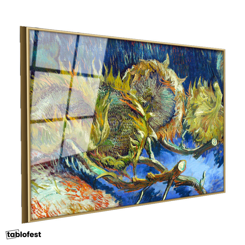 Altın Renk Metal Çerçeveli Tamperli Cam Tablo Vincent van Gogh Kurumuş Ayçiçekleri Mavi Zemin Ressam Tablosu Dekoru