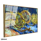 Altın Renk Metal Çerçeveli Tamperli Cam Tablo Vincent van Gogh Kurumuş Ayçiçekleri Mavi Zemin Ressam Tablosu Dekoru