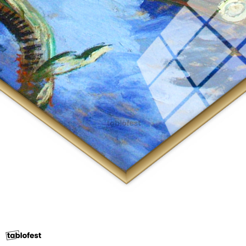 Altın Renk Metal Çerçeveli Tamperli Cam Tablo Vincent van Gogh Kurumuş Ayçiçekleri Mavi Zemin Ressam Tablosu Dekoru