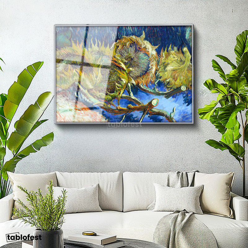 Gümüş Renk Metal Çerçeveli Tamperli Cam Tablo Vincent van Gogh Kurumuş Ayçiçekleri Mavi Zemin Ressam Tablosu Dekoru