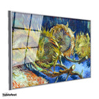 Gümüş Renk Metal Çerçeveli Tamperli Cam Tablo Vincent van Gogh Kurumuş Ayçiçekleri Mavi Zemin Ressam Tablosu Dekoru