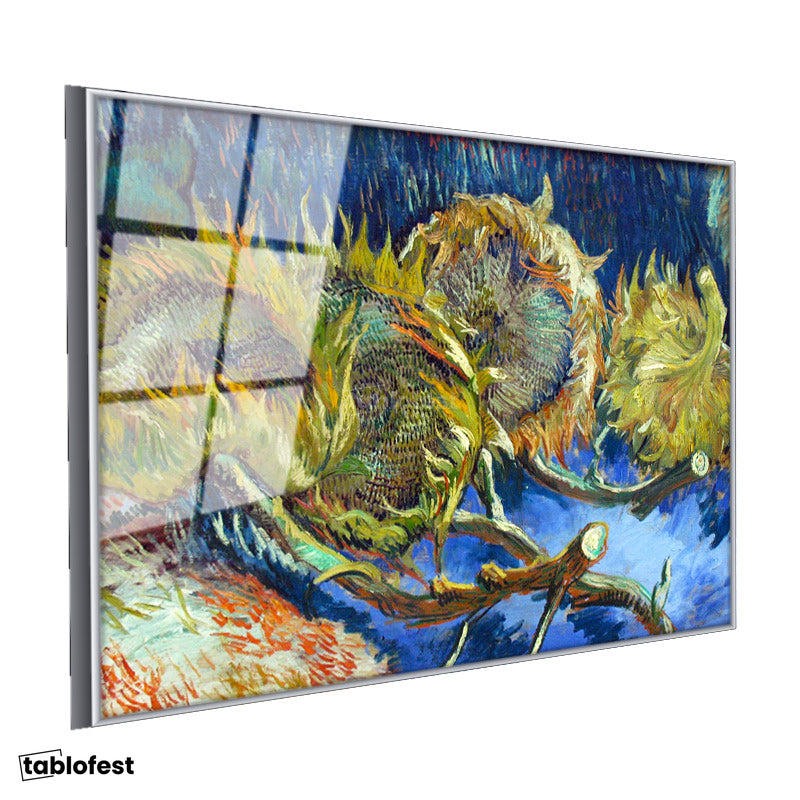 Gümüş Renk Metal Çerçeveli Tamperli Cam Tablo Vincent van Gogh Kurumuş Ayçiçekleri Mavi Zemin Ressam Tablosu Dekoru