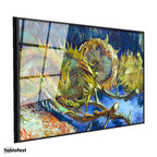 Siyah Renk Metal Çerçeveli Tamperli Cam Tablo Vincent van Gogh Kurumuş Ayçiçekleri Mavi Zemin Ressam Tablosu Dekoru