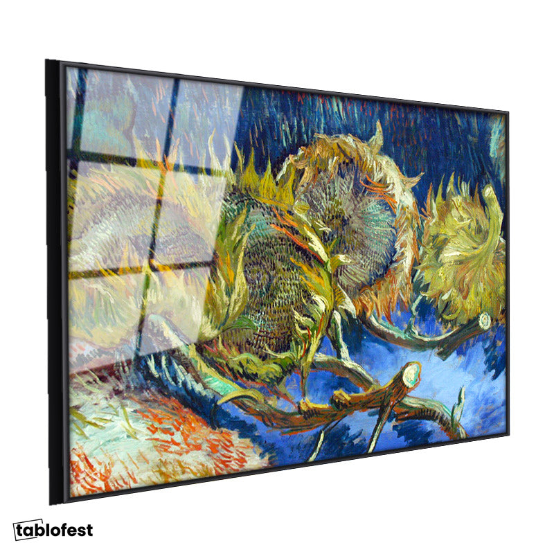 Siyah Renk Metal Çerçeveli Tamperli Cam Tablo Vincent van Gogh Kurumuş Ayçiçekleri Mavi Zemin Ressam Tablosu Dekoru