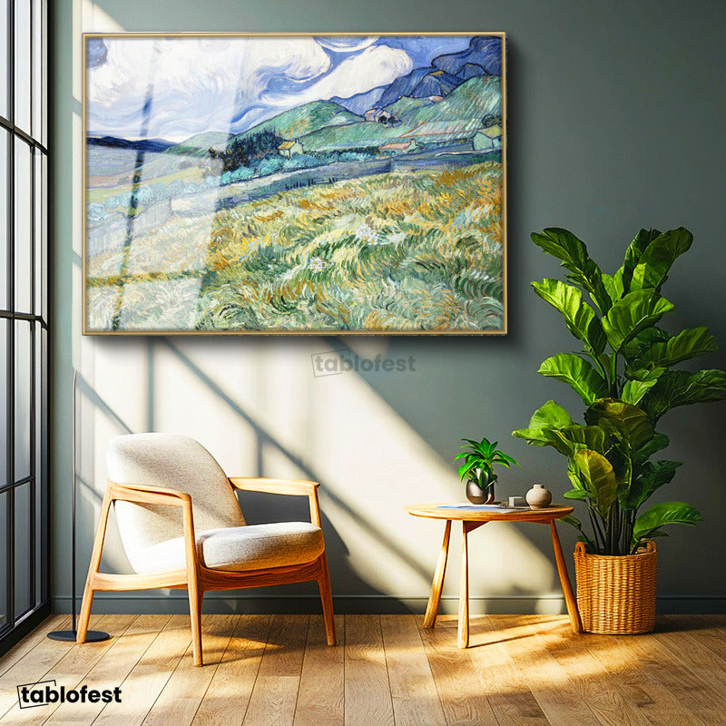 Altın Renk Metal Çerçeveli Tamperli Cam Tablo Vincent van Gogh Tepe ve Alan Manzarası Ressam Tablosu Duvar Dekoru