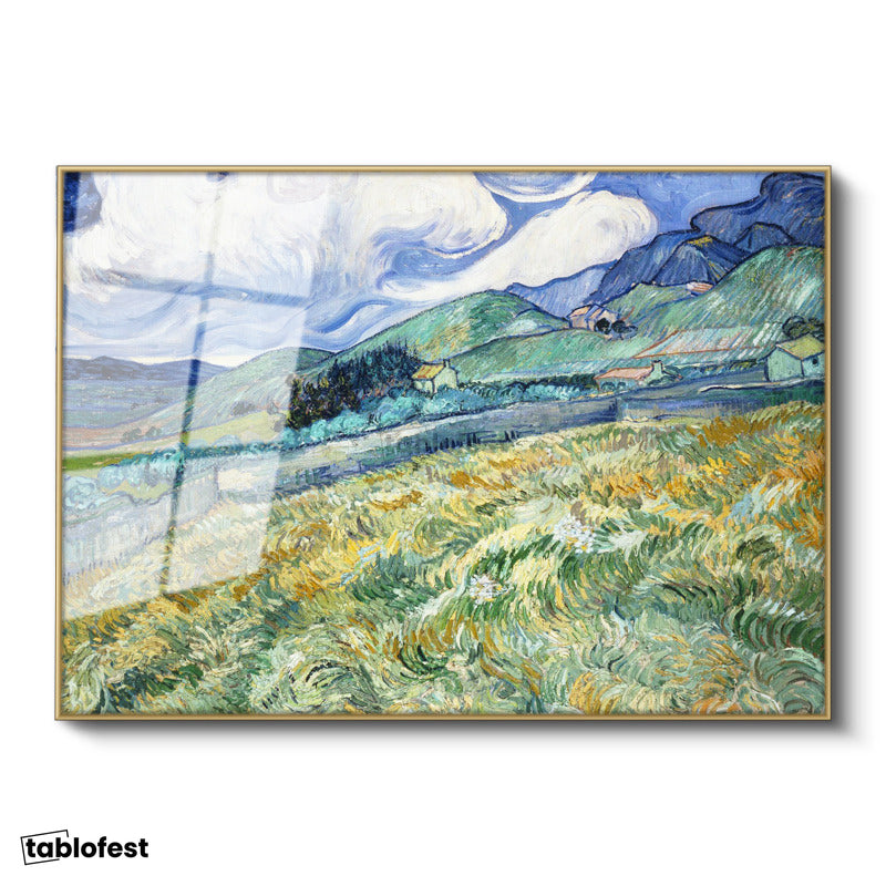 Altın Renk Metal Çerçeveli Tamperli Cam Tablo Vincent van Gogh Tepe ve Alan Manzarası Ressam Tablosu Duvar Dekoru