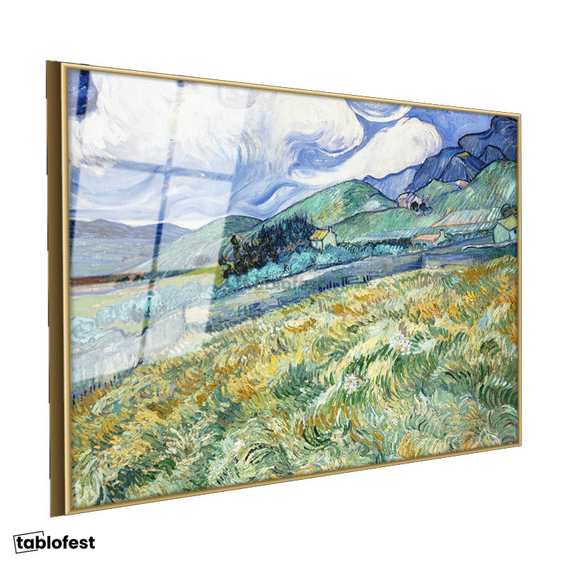 Altın Renk Metal Çerçeveli Tamperli Cam Tablo Vincent van Gogh Tepe ve Alan Manzarası Ressam Tablosu Duvar Dekoru
