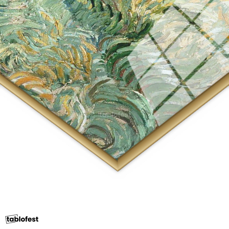 Altın Renk Metal Çerçeveli Tamperli Cam Tablo Vincent van Gogh Tepe ve Alan Manzarası Ressam Tablosu Duvar Dekoru