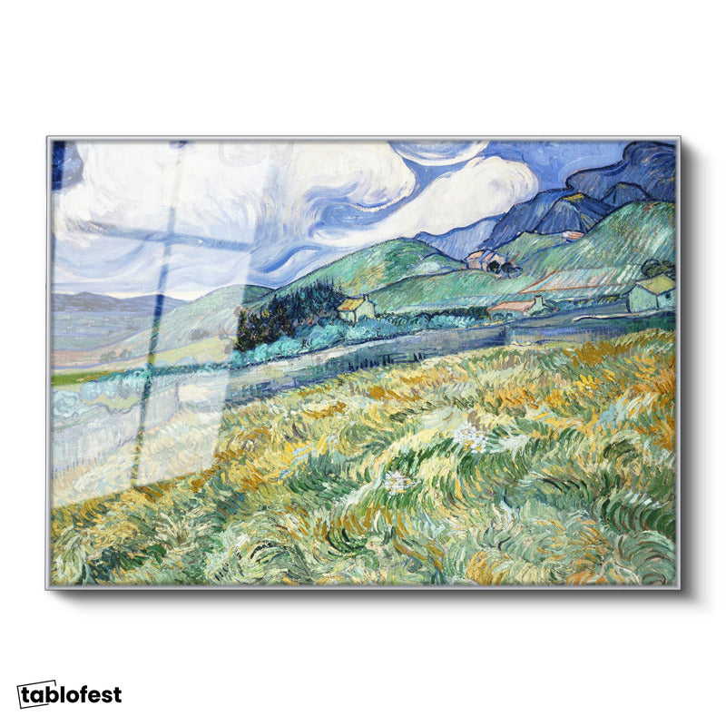 Gümüş Renk Metal Çerçeveli Tamperli Cam Tablo Vincent van Gogh Tepe ve Alan Manzarası Ressam Tablosu Duvar Dekoru