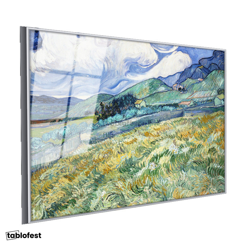 Gümüş Renk Metal Çerçeveli Tamperli Cam Tablo Vincent van Gogh Tepe ve Alan Manzarası Ressam Tablosu Duvar Dekoru