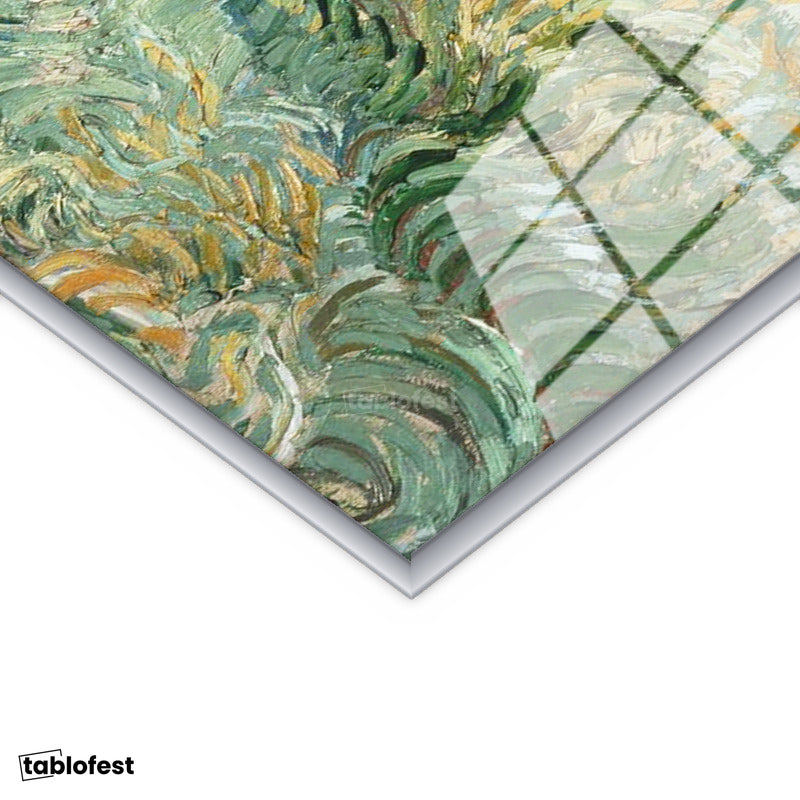 Gümüş Renk Metal Çerçeveli Tamperli Cam Tablo Vincent van Gogh Tepe ve Alan Manzarası Ressam Tablosu Duvar Dekoru