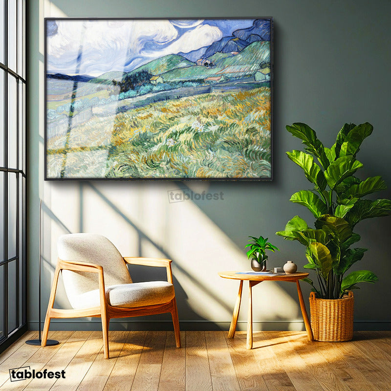 Siyah Renk Metal Çerçeveli Tamperli Cam Tablo Vincent van Gogh Tepe ve Alan Manzarası Ressam Tablosu Duvar Dekoru