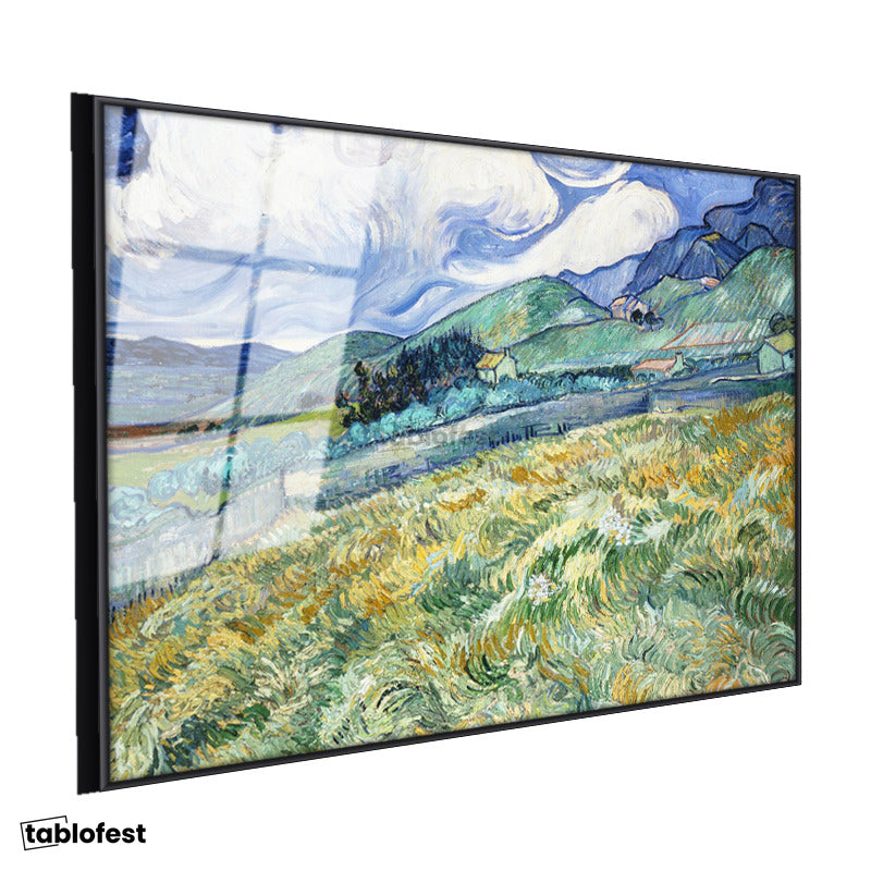 Siyah Renk Metal Çerçeveli Tamperli Cam Tablo Vincent van Gogh Tepe ve Alan Manzarası Ressam Tablosu Duvar Dekoru