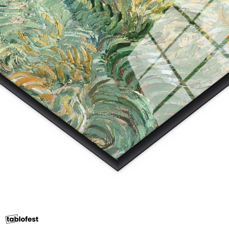 Siyah Renk Metal Çerçeveli Tamperli Cam Tablo Vincent van Gogh Tepe ve Alan Manzarası Ressam Tablosu Duvar Dekoru