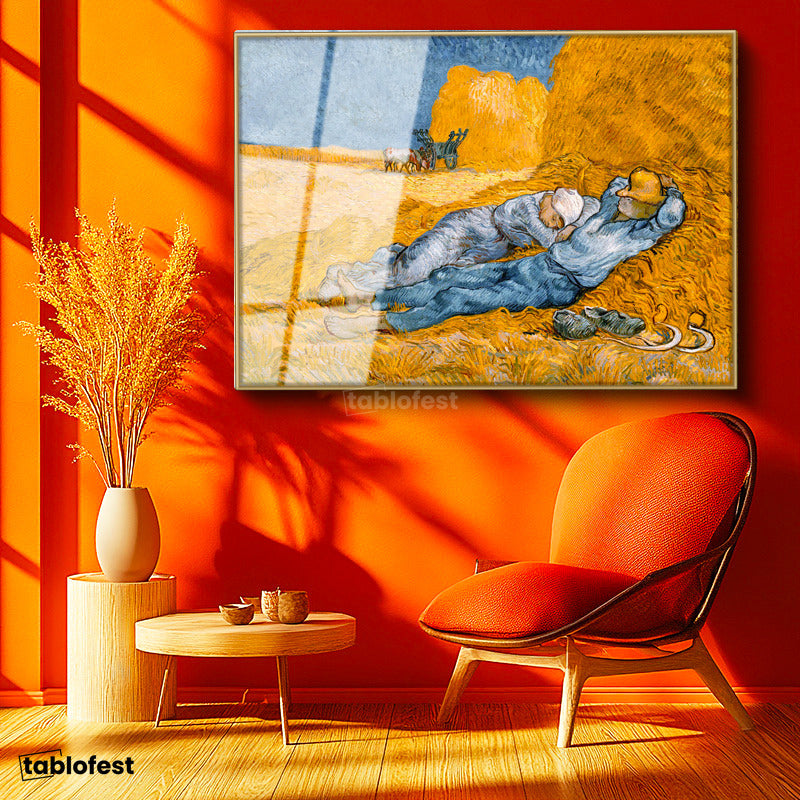 Altın Renk Metal Çerçeveli Tamperli Cam Tablo Vincent van Gogh Samanlıkta Uyuyanlar Ressam Tablosu Duvar Dekoru