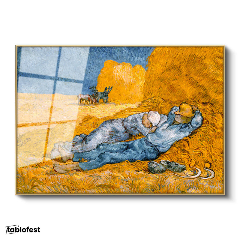 Altın Renk Metal Çerçeveli Tamperli Cam Tablo Vincent van Gogh Samanlıkta Uyuyanlar Ressam Tablosu Duvar Dekoru