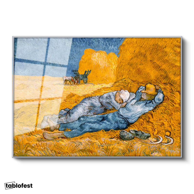 Gümüş Renk Metal Çerçeveli Tamperli Cam Tablo Vincent van Gogh Samanlıkta Uyuyanlar Ressam Tablosu Duvar Dekoru