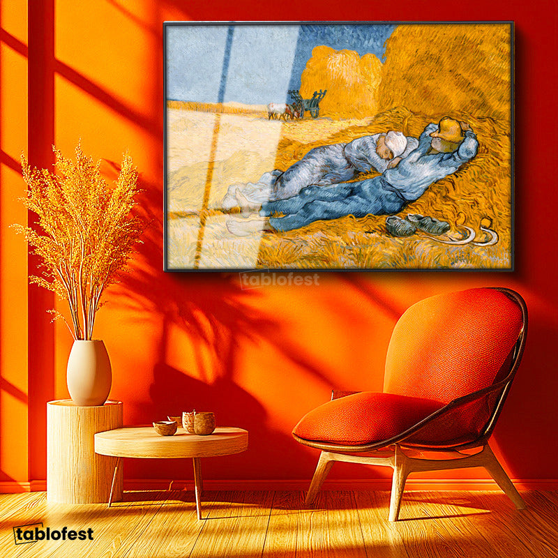 Siyah Renk Metal Çerçeveli Tamperli Cam Tablo Vincent van Gogh Samanlıkta Uyuyanlar Ressam Tablosu Duvar Dekoru