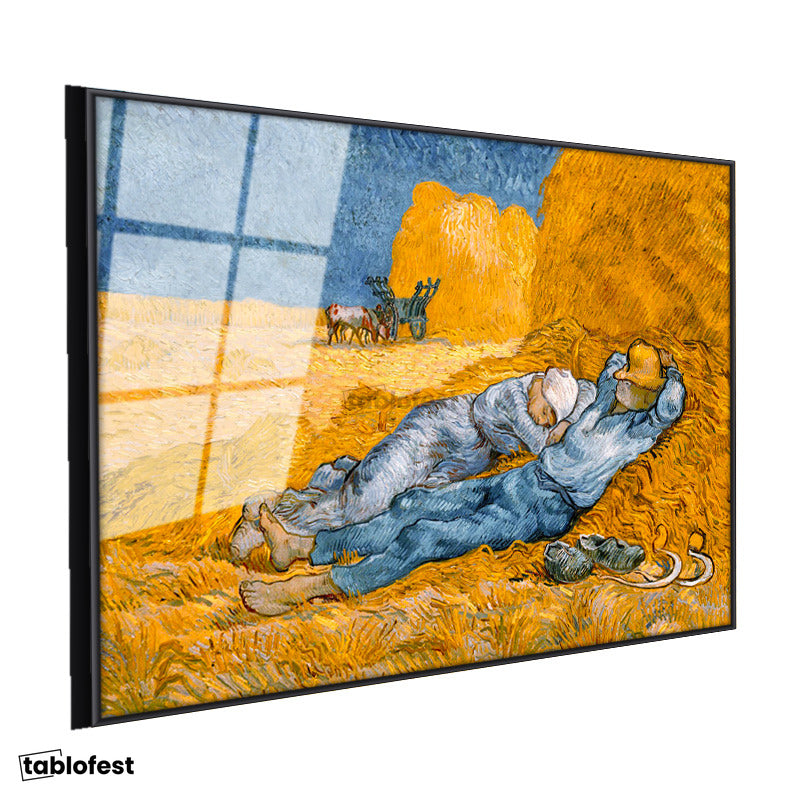 Siyah Renk Metal Çerçeveli Tamperli Cam Tablo Vincent van Gogh Samanlıkta Uyuyanlar Ressam Tablosu Duvar Dekoru