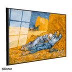 Siyah Renk Metal Çerçeveli Tamperli Cam Tablo Vincent van Gogh Samanlıkta Uyuyanlar Ressam Tablosu Duvar Dekoru