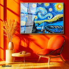 Altın Renk Metal Çerçeveli Tamperli Cam Tablo Vincent van Gogh Yıldızlı Gece Manzarası Ressam Tablosu Duvar Dekoru