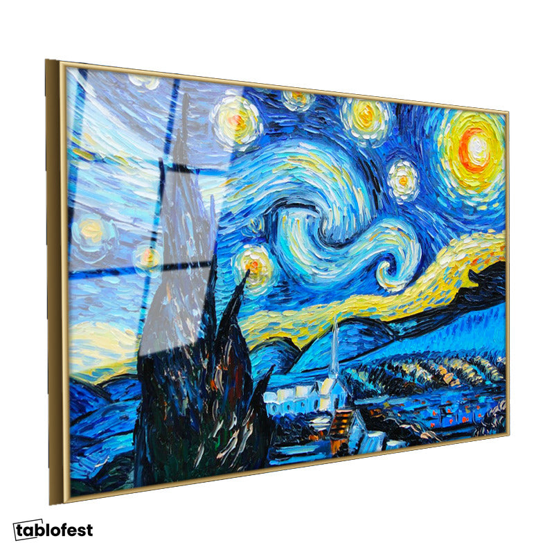 Altın Renk Metal Çerçeveli Tamperli Cam Tablo Vincent van Gogh Yıldızlı Gece Manzarası Ressam Tablosu Duvar Dekoru