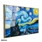 Altın Renk Metal Çerçeveli Tamperli Cam Tablo Vincent van Gogh Yıldızlı Gece Manzarası Ressam Tablosu Duvar Dekoru