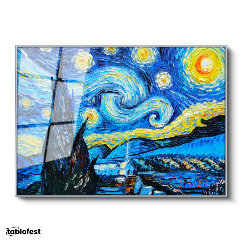 Gümüş Renk Metal Çerçeveli Tamperli Cam Tablo Vincent van Gogh Yıldızlı Gece Manzarası Ressam Tablosu Duvar Dekoru