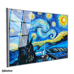 Gümüş Renk Metal Çerçeveli Tamperli Cam Tablo Vincent van Gogh Yıldızlı Gece Manzarası Ressam Tablosu Duvar Dekoru