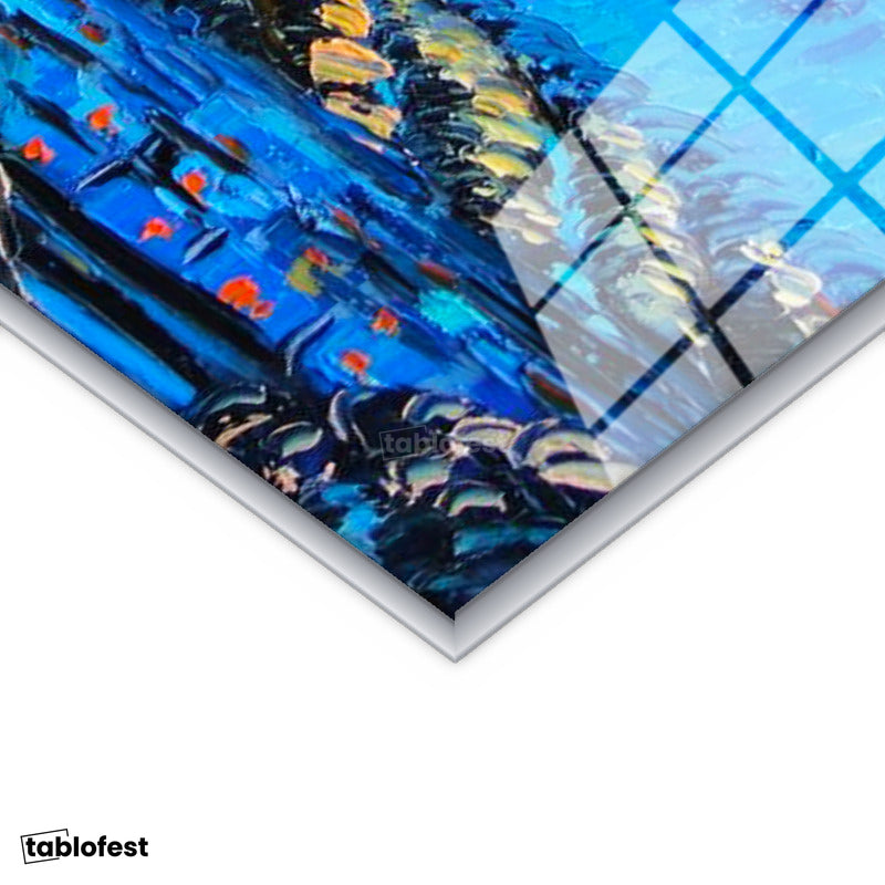 Gümüş Renk Metal Çerçeveli Tamperli Cam Tablo Vincent van Gogh Yıldızlı Gece Manzarası Ressam Tablosu Duvar Dekoru
